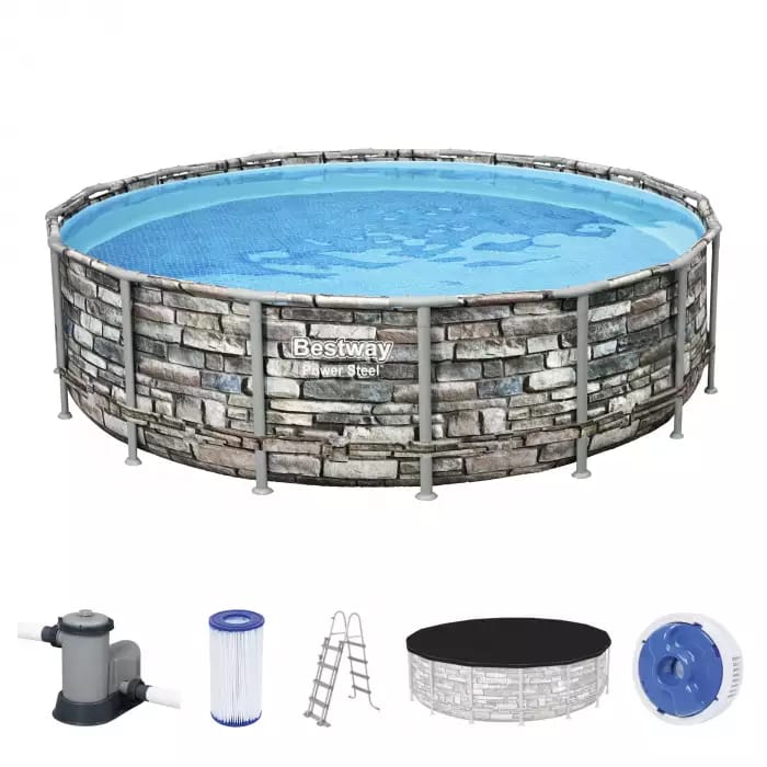 Каркасный бассейн Bestway 56966 BW, Power Steel 488x122см "Камень" 19480л, фильтр-насос, лестница, тент, попл.-доз. фото 2